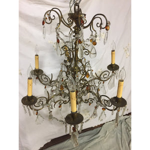 19th Century French Brass Chandelier with Amber Crystals - 6 Light-Chandelier-Antique Warehouse