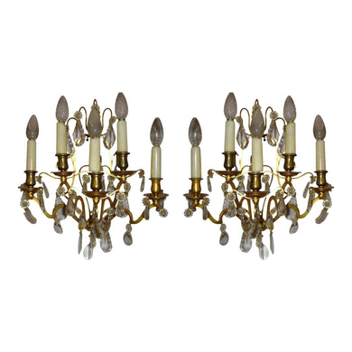 19th Century French Brass and Crystal Sconces - 5 Light - a pair-Sconces-Antique Warehouse