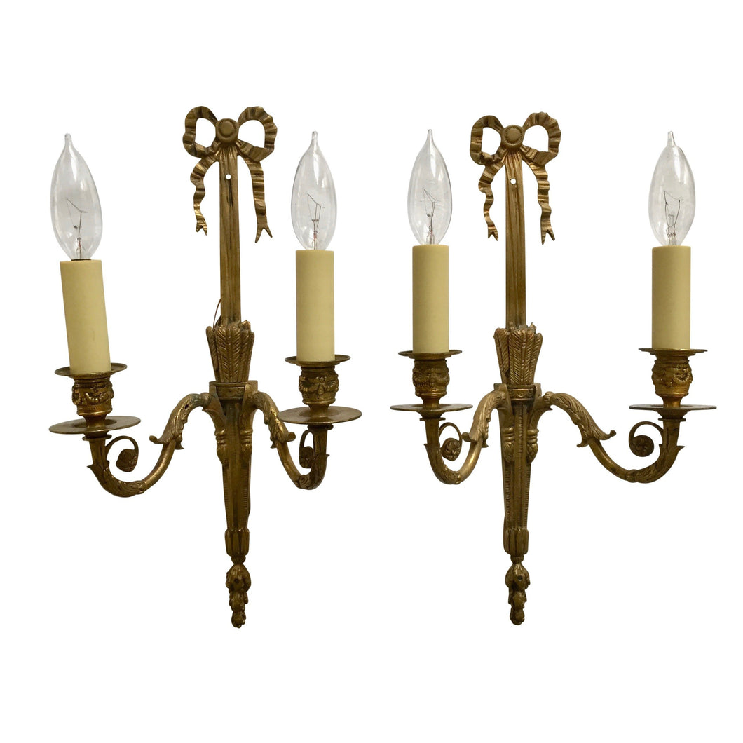 19th Century French Louis XVI Brass Ribbon Sconces - a pair-Sconces-Antique Warehouse