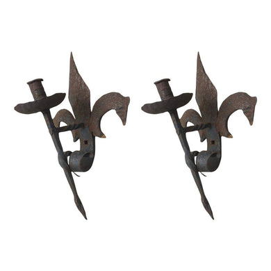 French 19th Century Forged Iron Fleur de Lis Torchère Sconces - a pair-Sconces-Antique Warehouse