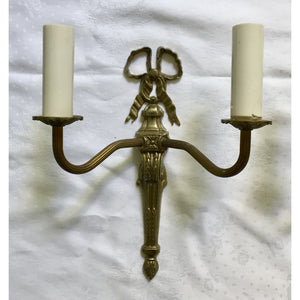 French Louis XVI Bronze Cast Two Arm Ribbon Sconces - a Pair-Sconces-Antique Warehouse