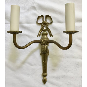 French Louis XVI Bronze Cast Two Arm Ribbon Sconces - a Pair-Sconces-Antique Warehouse