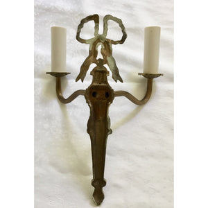 French Louis XVI Bronze Cast Two Arm Ribbon Sconces - a Pair-Sconces-Antique Warehouse