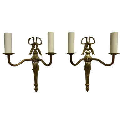 French Louis XVI Bronze Cast Two Arm Ribbon Sconces - a Pair-Sconces-Antique Warehouse
