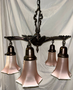 Art Deco Chandelier with Pink Tulip Flutes-Chandelier-Antique Warehouse